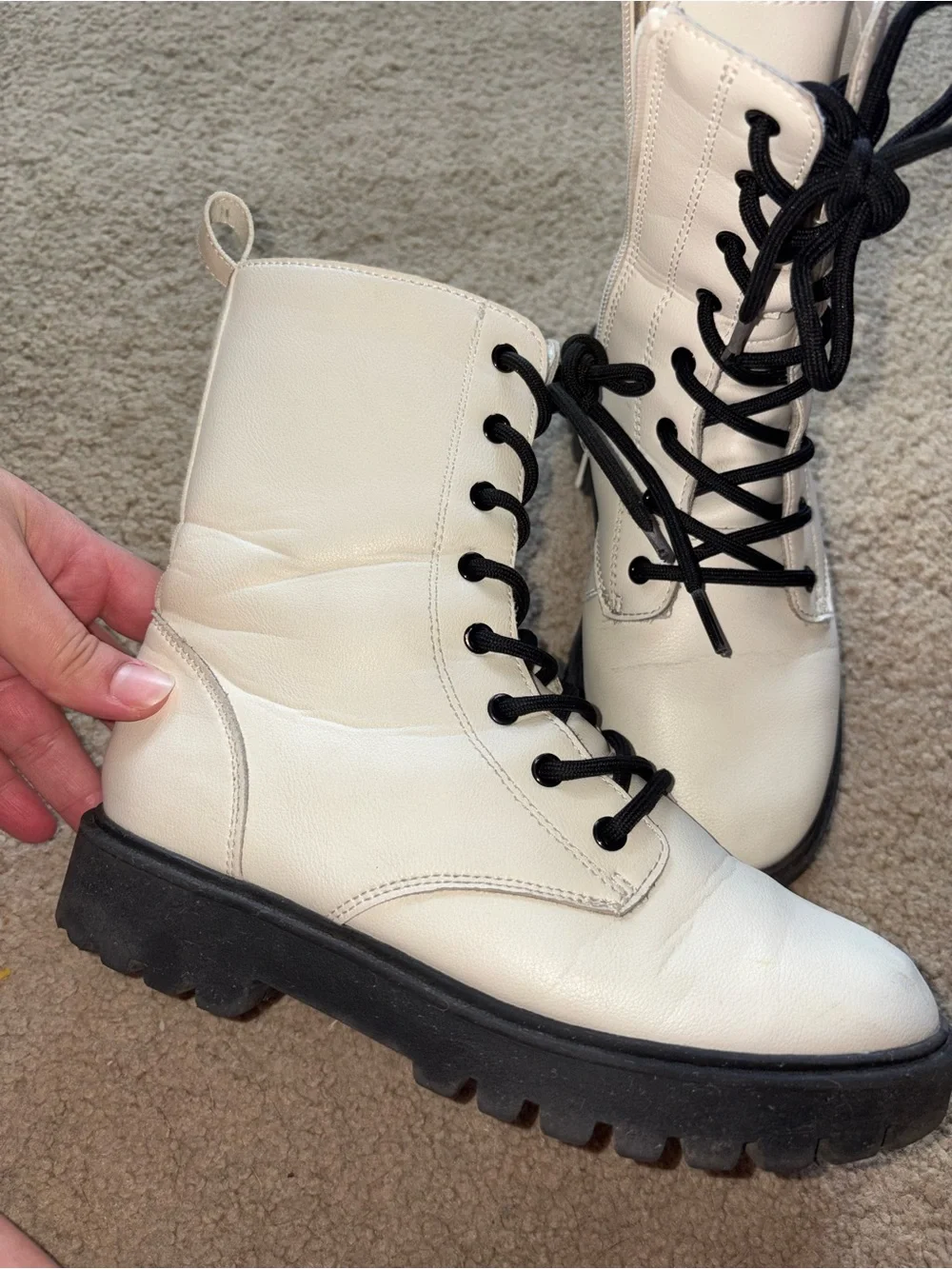 White Lace-Up Combat Boots with Black Laces